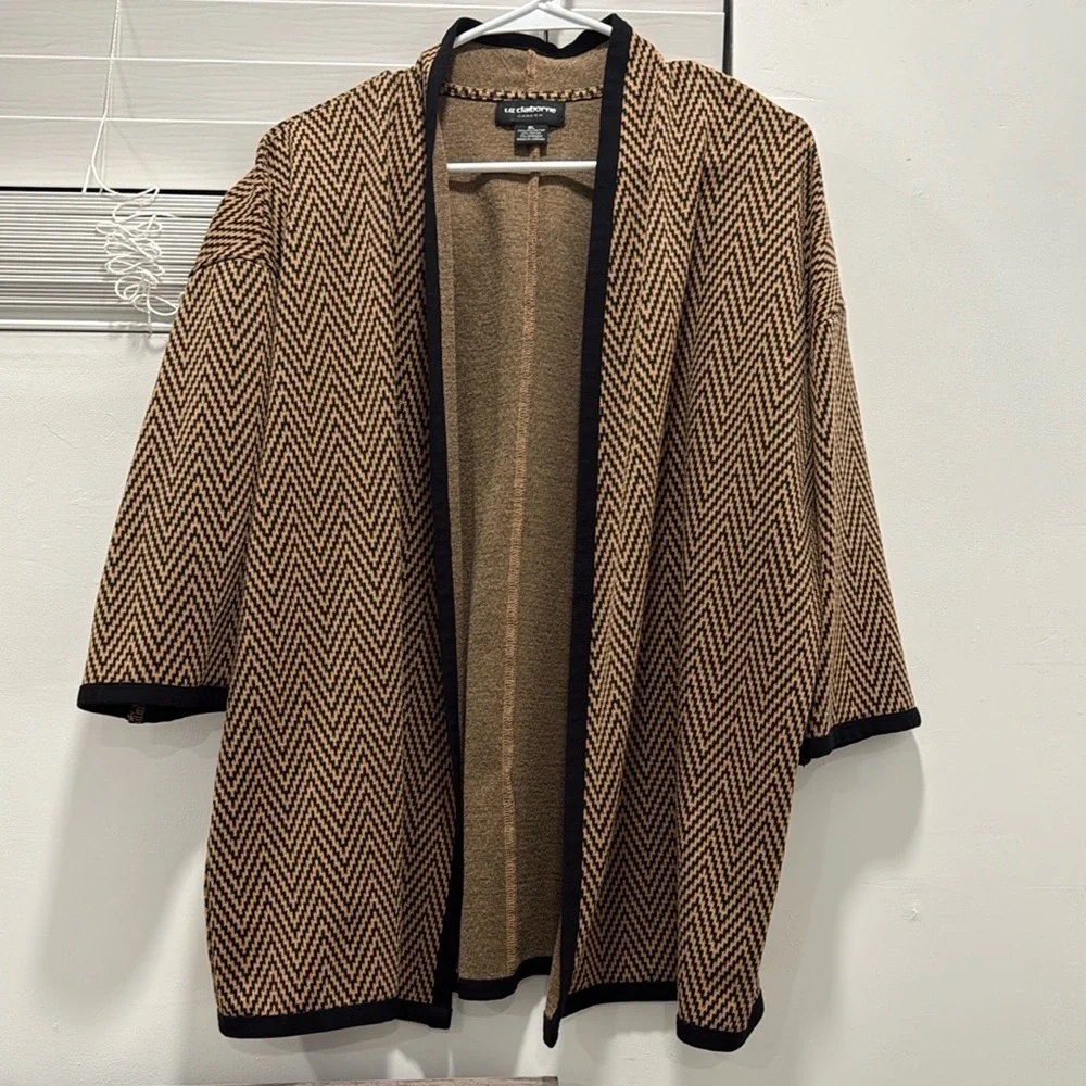 LIZ CLAIBORNE Career Chevron Brown and Black Open Front Blazer Cardigan-Size XL - Picture 1 of 4